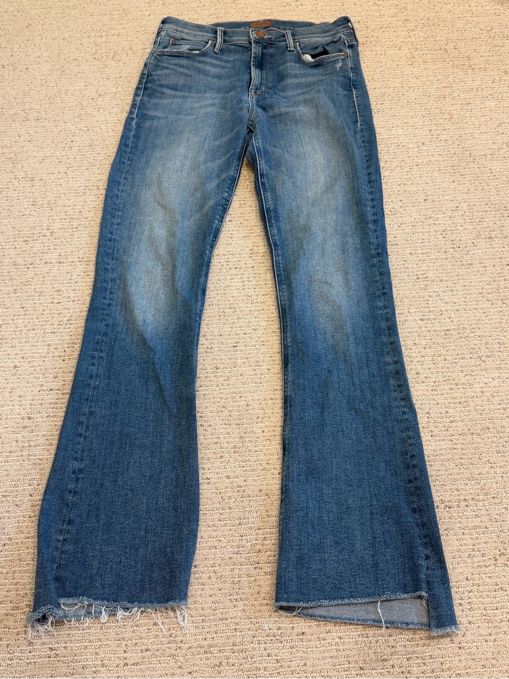 MOTHER Blue Flare Jeans with Distressed Hem